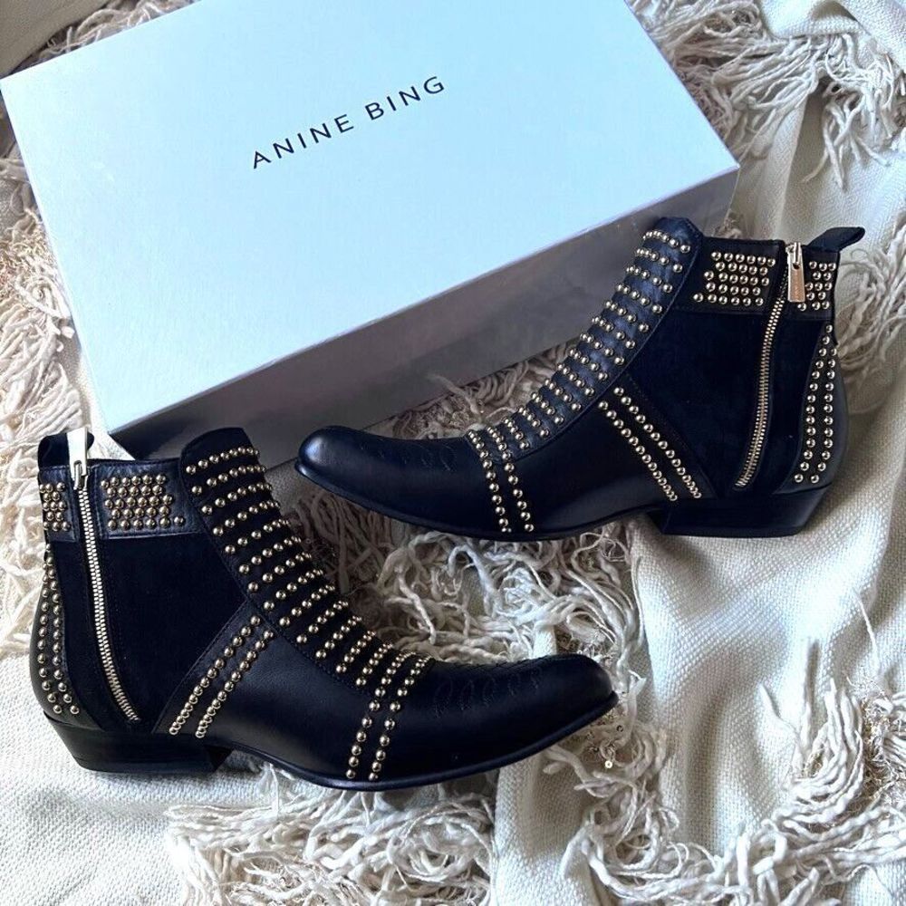 Anine Bing Charlie Boots Gold Studs Black Size 37 NEW
